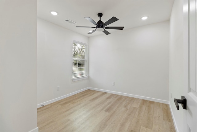 unfurnished room with light wood-style floors, baseboards, ceiling fan, and recessed lighting
