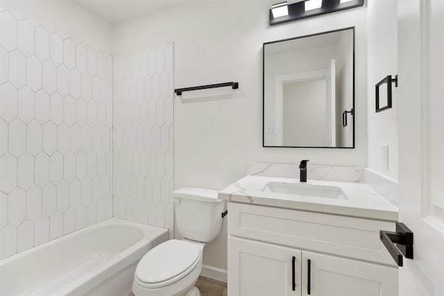 bathroom featuring toilet, vanity, and washtub / shower combination