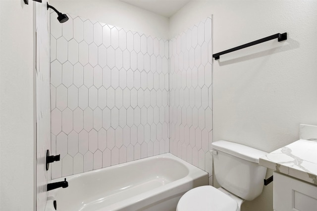 full bathroom with toilet, vanity, and tub / shower combination