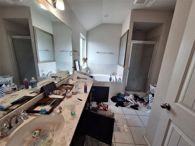 211 Sea Breeze Dr, Bacliff, TX 77518 - full bath with a bath, tile patterned floors, lofted ceiling, a shower stall, and vanity