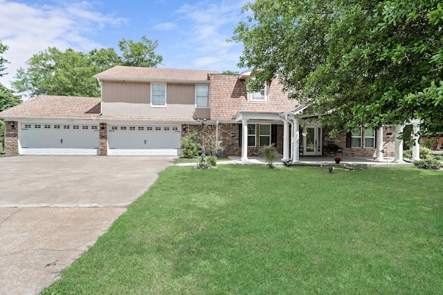 view of front of property featuring roof with shingles, concrete driveway, an attached garage, brick siding, and a front yard