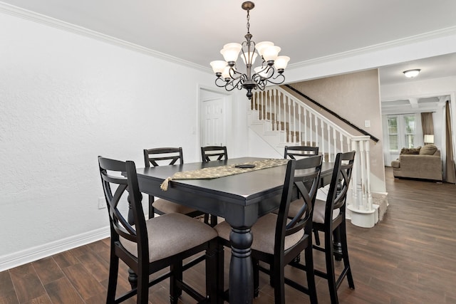 dining room featuring crown molding, baseboards, a chandelier, stairs, and dark wood-style flooring