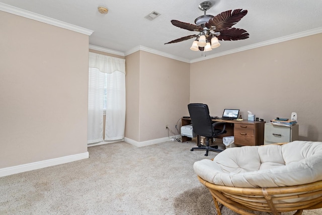 office area featuring ceiling fan, carpet floors, baseboards, and ornamental molding