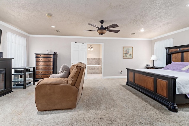 bedroom with recessed lighting, visible vents, ornamental molding, light carpet, and a textured ceiling