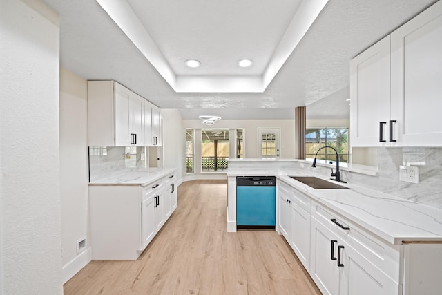 kitchen featuring a tray ceiling, dishwashing machine, a sink, light wood-style flooring, and tasteful backsplash