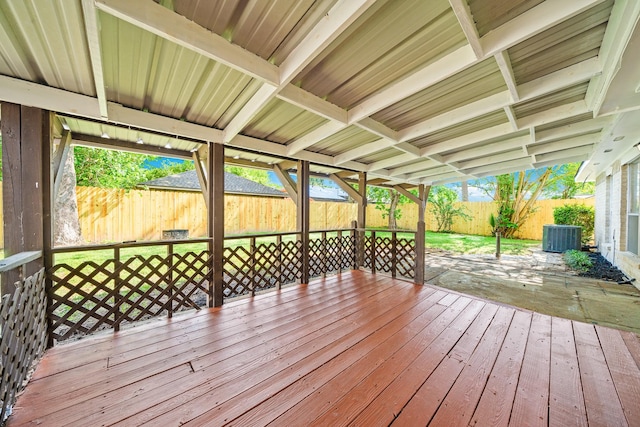 deck featuring a fenced backyard, central AC unit, and a patio