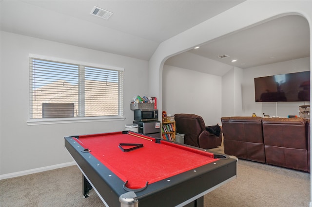 playroom with pool table, visible vents, and carpet