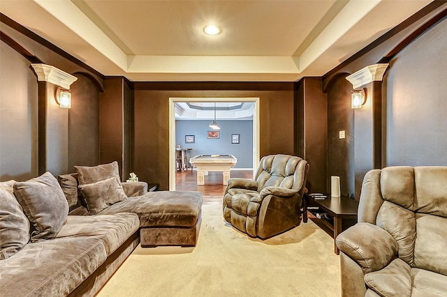 carpeted cinema room featuring decorative columns