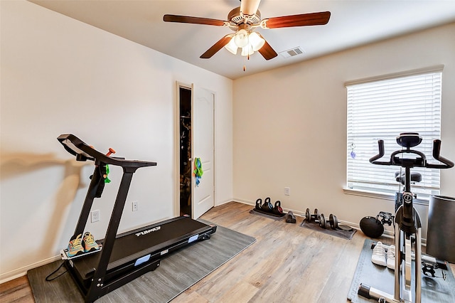 exercise room with a ceiling fan, wood finished floors, visible vents, and plenty of natural light