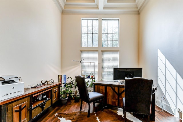home office featuring crown molding, dark wood-style flooring, and coffered ceiling