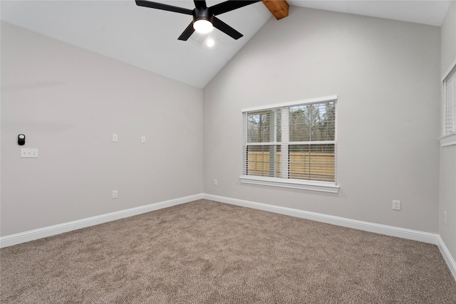 carpeted spare room with high vaulted ceiling, ceiling fan, baseboards, and beam ceiling
