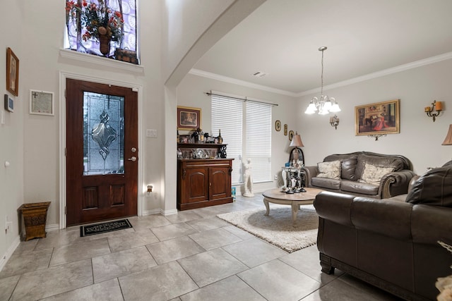 3203 Jeanette Cir, Mont Belvieu, TX 77523 - entryway featuring a chandelier, crown molding, arched walkways, and baseboards