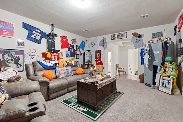 3203 Jeanette Cir, Mont Belvieu, TX 77523 - carpeted living room with arched walkways and a textured ceiling