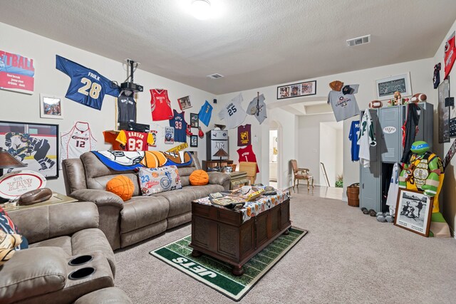 3203 Jeanette Cir, Mont Belvieu, TX 77523 - living room with arched walkways, carpet flooring, and a textured ceiling