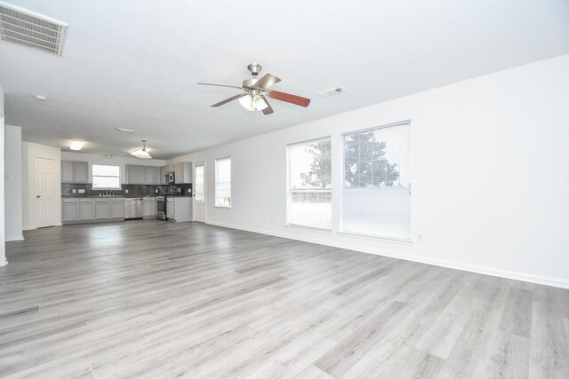 unfurnished living room featuring wood finished floors, visible vents, a sink, and ceiling fan