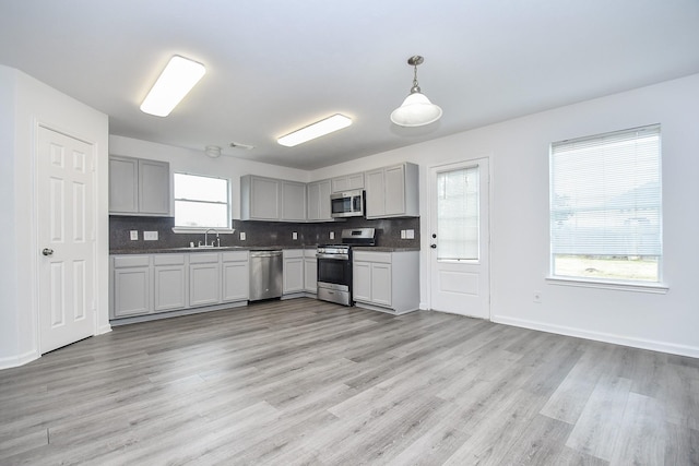 kitchen featuring a sink, tasteful backsplash, light wood-type flooring, gray cabinetry, and appliances with stainless steel finishes