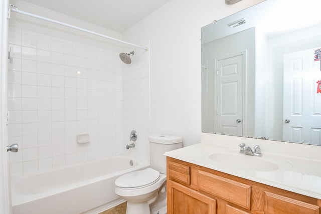 full bath featuring toilet, vanity, visible vents, and shower / bathing tub combination