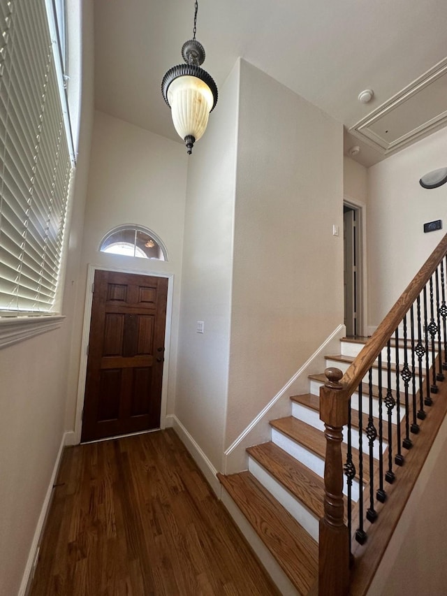 foyer with wood finished floors, a healthy amount of sunlight, baseboards, and stairway