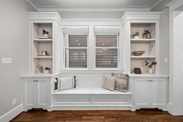 mudroom with baseboards, built in features, ornamental molding, and dark wood finished floors