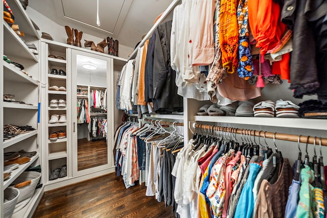 walk in closet featuring attic access and dark wood-type flooring