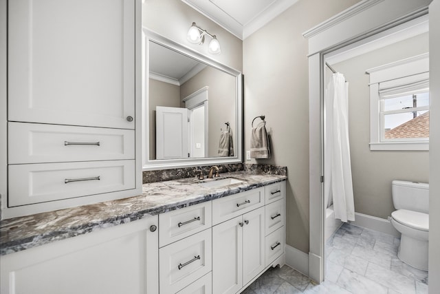 full bathroom with toilet, baseboards, marble finish floor, crown molding, and vanity