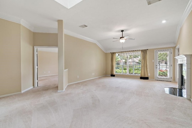2538 Silent Shore Ct, Richmond, TX 77406 - unfurnished living room featuring ornamental molding, light colored carpet, ceiling fan, a fireplace with flush hearth, and baseboards