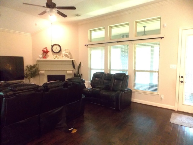23423 Tavola Rosa Dr, New Caney, TX 77357 - living area with wood finished floors, ceiling fan, crown molding, a fireplace, and baseboards