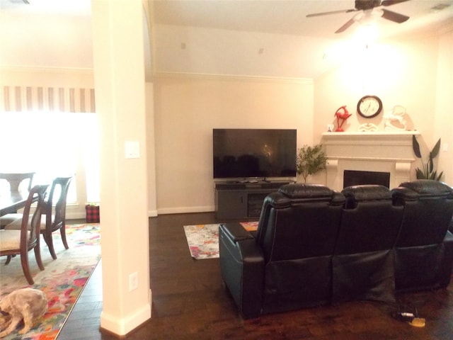 23423 Tavola Rosa Dr, New Caney, TX 77357 - living room with wood finished floors, a ceiling fan, baseboards, and a fireplace