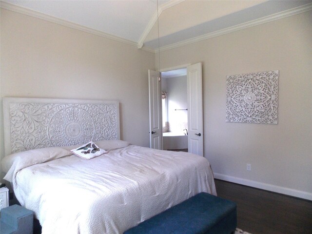 23423 Tavola Rosa Dr, New Caney, TX 77357 - bedroom featuring dark wood-style floors, lofted ceiling, baseboards, and crown molding