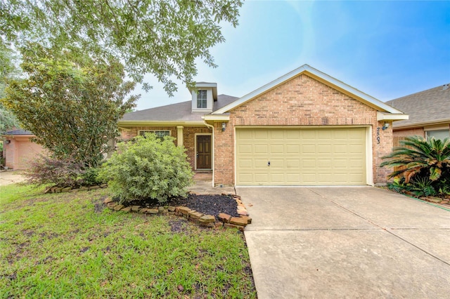 ranch-style house with concrete driveway, a front lawn, brick siding, and a garage