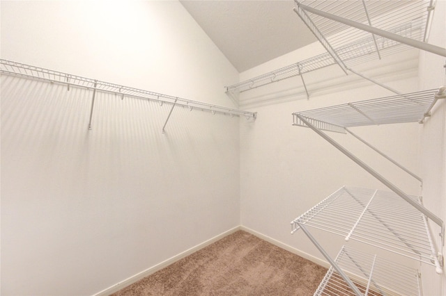 walk in closet with vaulted ceiling and light colored carpet