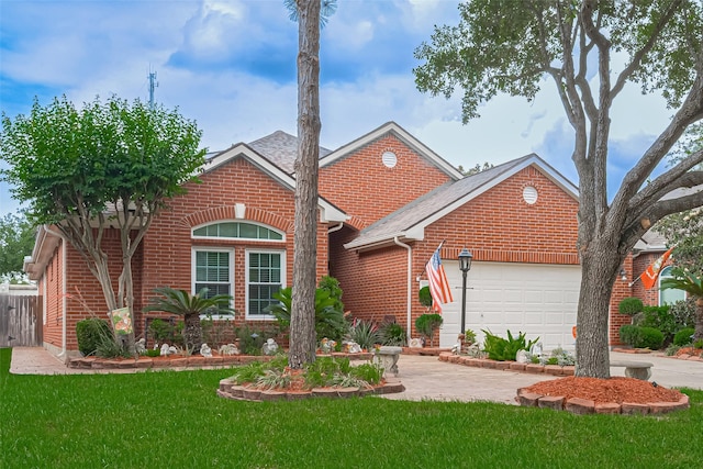 ranch-style house featuring fence, an attached garage, a front lawn, brick siding, and driveway