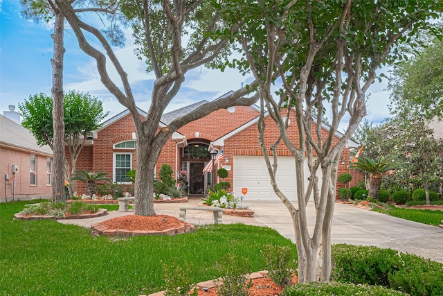 traditional-style home featuring a garage, concrete driveway, a front lawn, and brick siding