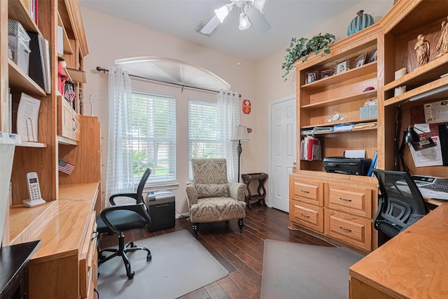 office featuring ceiling fan and dark wood finished floors