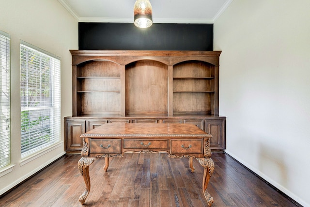office space with baseboards, dark wood-style floors, and ornamental molding