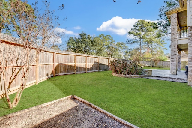 view of yard with a fenced backyard and a patio
