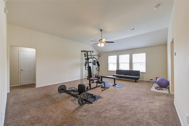workout room with vaulted ceiling, visible vents, a ceiling fan, baseboards, and carpet flooring