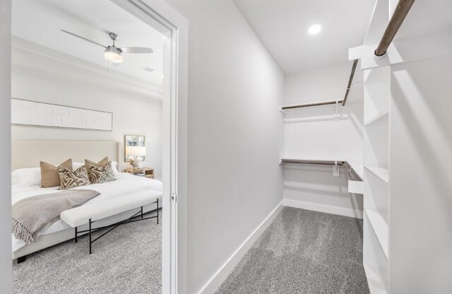 spacious closet with carpet floors and ceiling fan