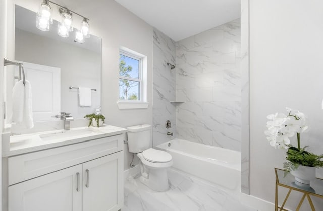full bathroom with toilet, baseboards, marble finish floor, vanity, and shower / tub combination