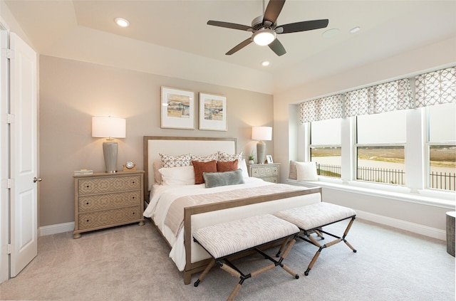 carpeted bedroom with baseboards, recessed lighting, and ceiling fan