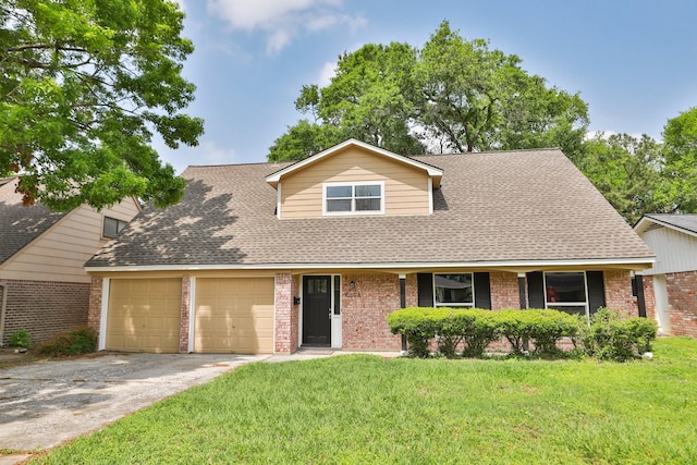 10654 Mayfield Rd, Houston, TX 77043 - view of front of home featuring brick siding, an attached garage, a shingled roof, and a front yard