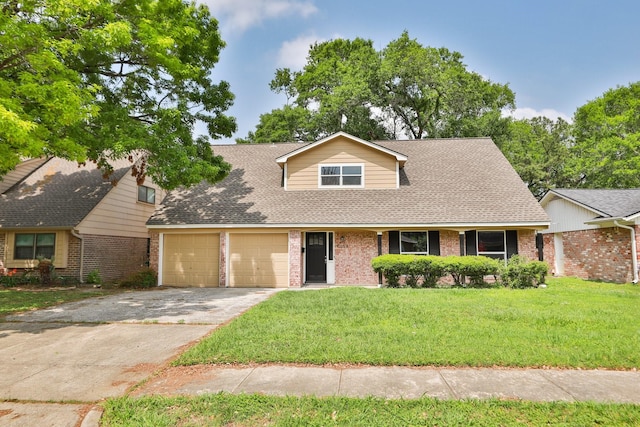 10654 Mayfield Rd, Houston, TX 77043 - view of front of home with driveway, a garage, brick siding, a shingled roof, and a front yard