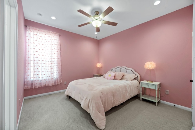 bedroom featuring carpet flooring, recessed lighting, baseboards, and ceiling fan