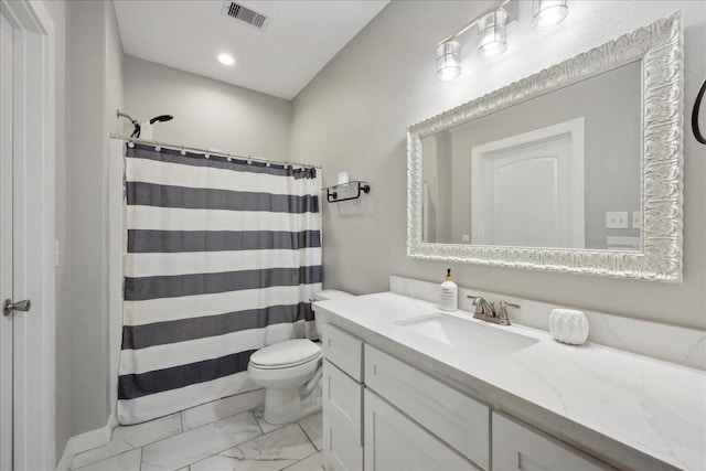 bathroom with marble finish floor, visible vents, toilet, vanity, and a shower with curtain
