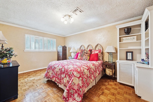 bedroom with crown molding, a textured ceiling, visible vents, and a textured wall