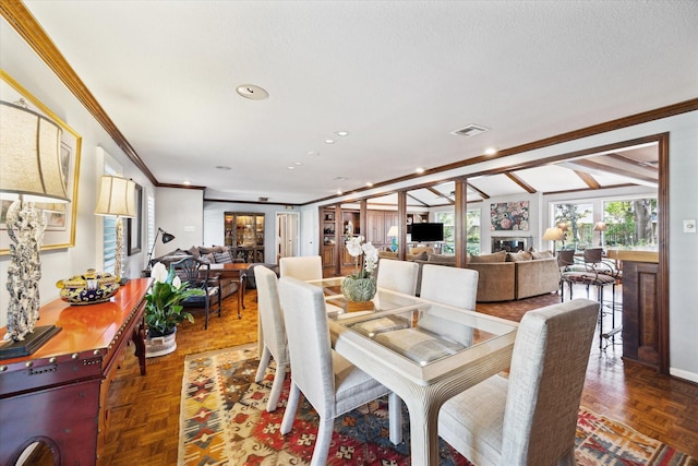 dining room featuring visible vents, recessed lighting, ornamental molding, and baseboards