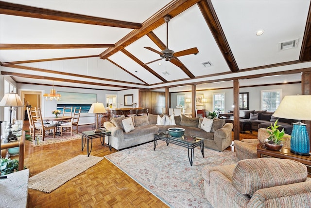 living area with visible vents, vaulted ceiling with beams, ceiling fan with notable chandelier, and recessed lighting
