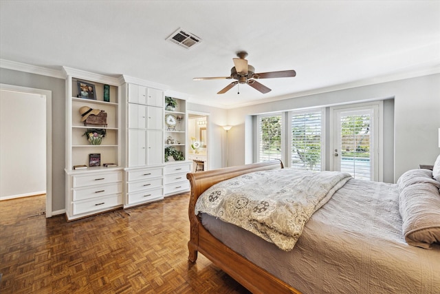 bedroom featuring crown molding, access to exterior, visible vents, a ceiling fan, and baseboards