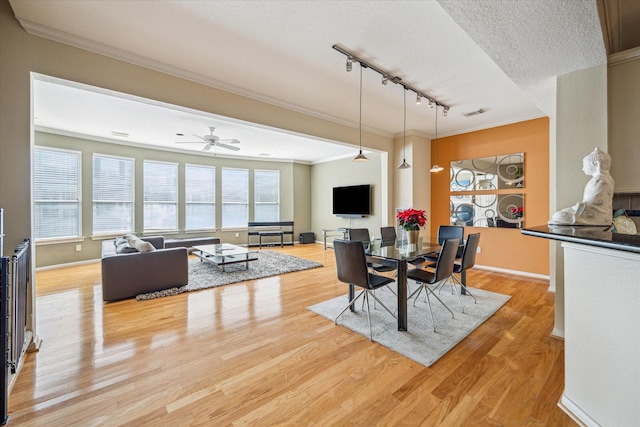 dining space with light wood-style floors, rail lighting, crown molding, and baseboards