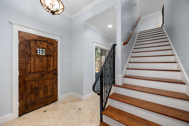 foyer with baseboards, recessed lighting, stairway, crown molding, and light tile patterned floors